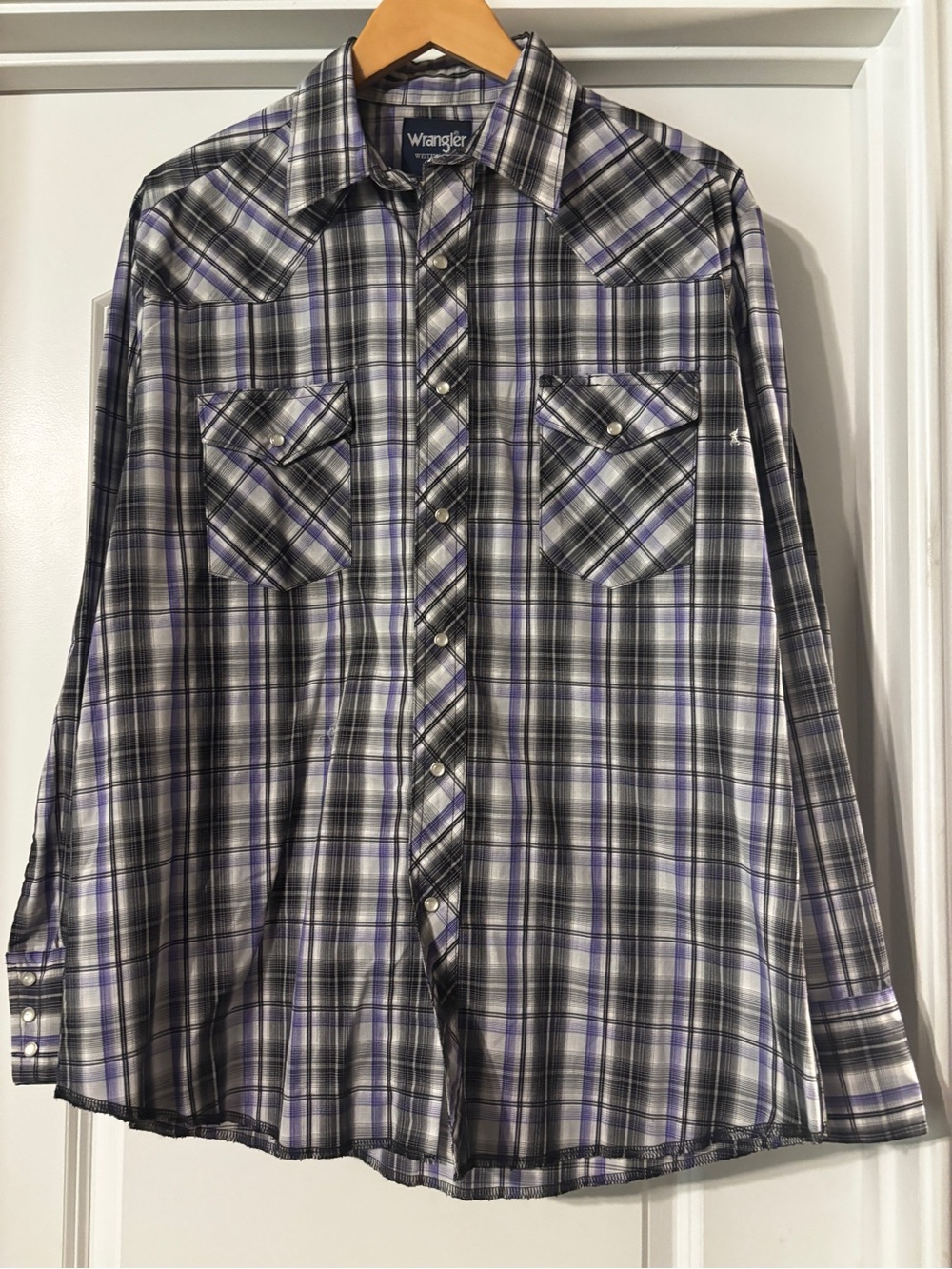Wrangler Men’s Purple and Black Plaid Button-Down Western Shirt